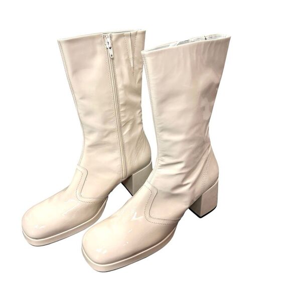 Miista Cass Boots 40 Cream White Patent Leather Block Heel Square Toe High Tall - Picture 11 of 16